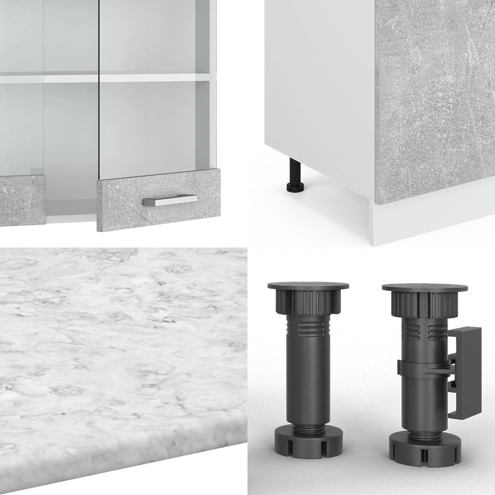 Vicco Cucina componibile Cemento/Bianco 300 cm con armadio alto, PL Rovere