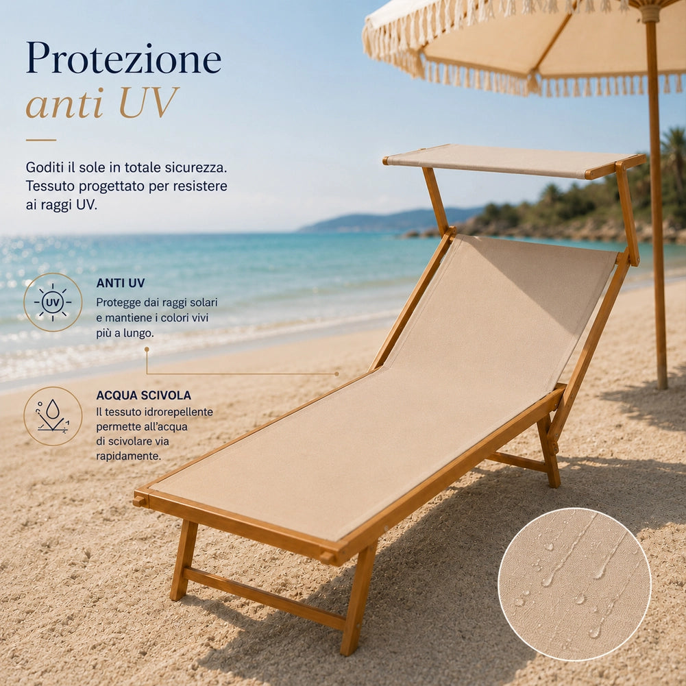 Lettino Prendisole 189x58x36 cm con Struttura in Alluminio Effetto Legno e Tessuto Beige