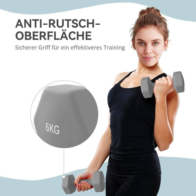 Set di 2 manubri da 6 kg, design esagonale, adatti a pavimenti, antiscivolo, colore grigio.