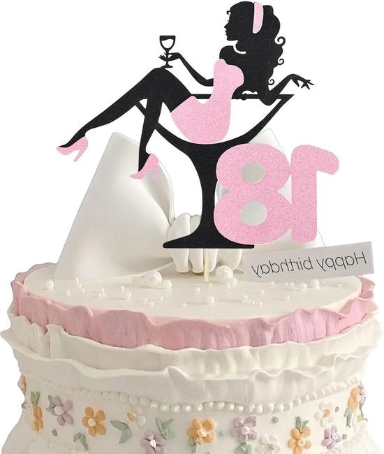 Decorazione per torta di compleanno - 18 anni - Bicchiere da vino rosso - Ragazze - Glitter - Stiletto alto - Festa di laurea - Festa di compleanno - Donna - Decorazione per torta