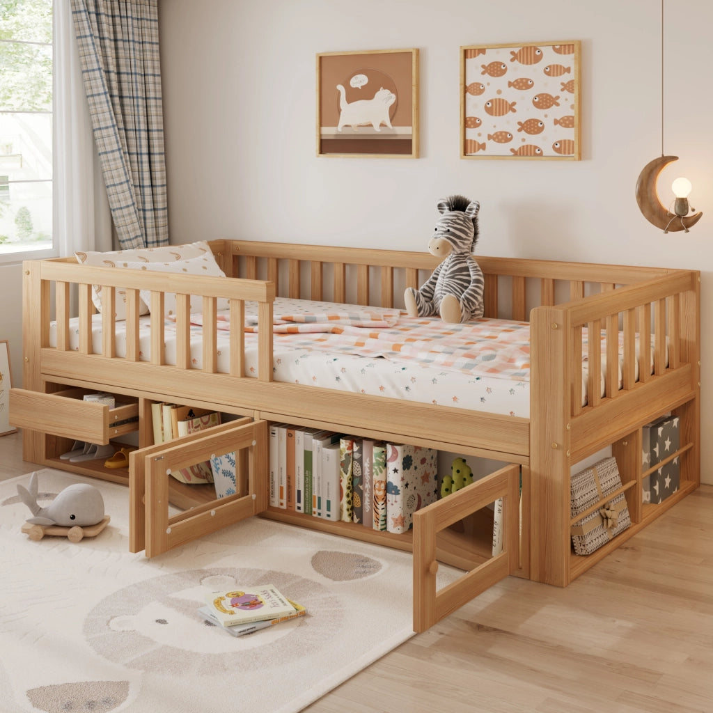 Letto per bambini 90x200 cm, con sponde di sicurezza, completo di cassetti e contenitore, color legno naturale
