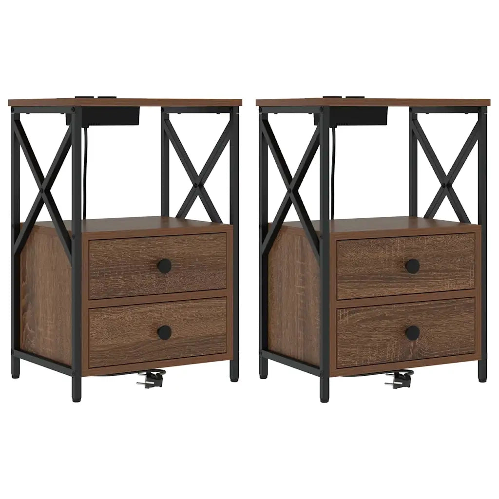 vidaXL Comò con stazione di ricarica con cassetto 2 pcs Rovere marrone
