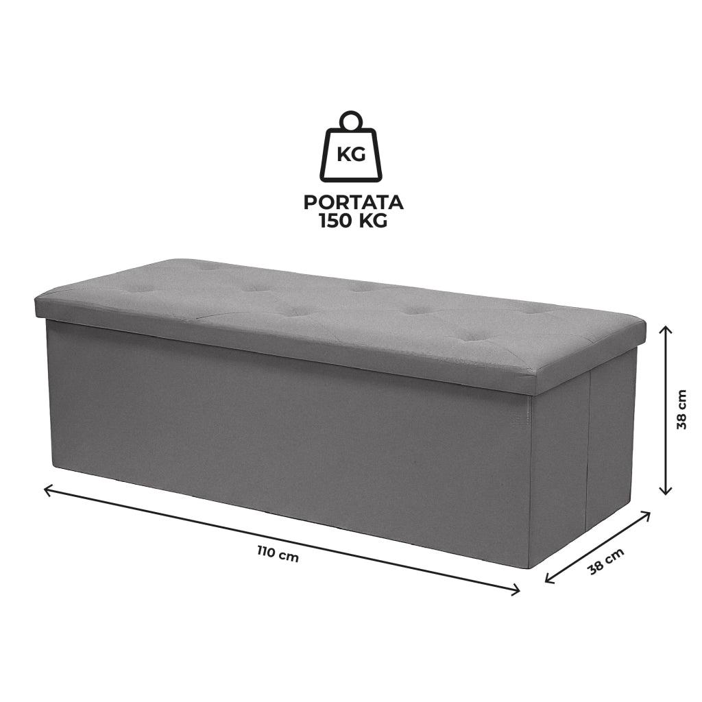 Panca Contenitore XXL 110 cm con Seduta Imbottita e Vano Salvaspazio, Pouf Contenitore Effetto Lino, Portata 150 kg, Cassapanca Pieghevole Grigio