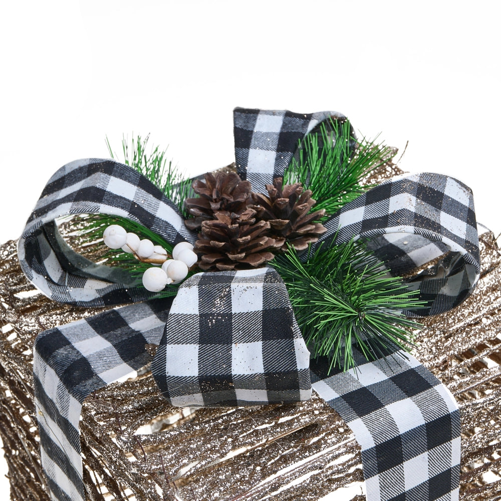 Set di 3 decorazioni natalizie in rattan con luci LED bianche calde e fiocchi Decorazioni natalizie per interni Marrone