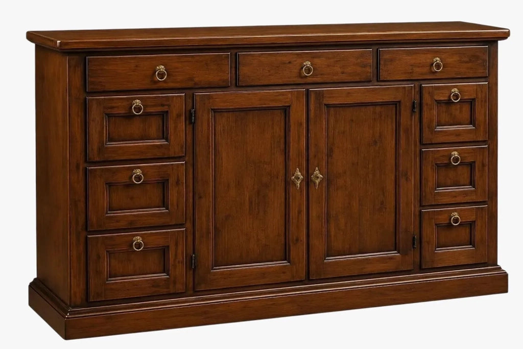 Madia credenza in legno massello tinta noce 2 ante 9 cassetti 160x45x95 cm - Mobili 2G