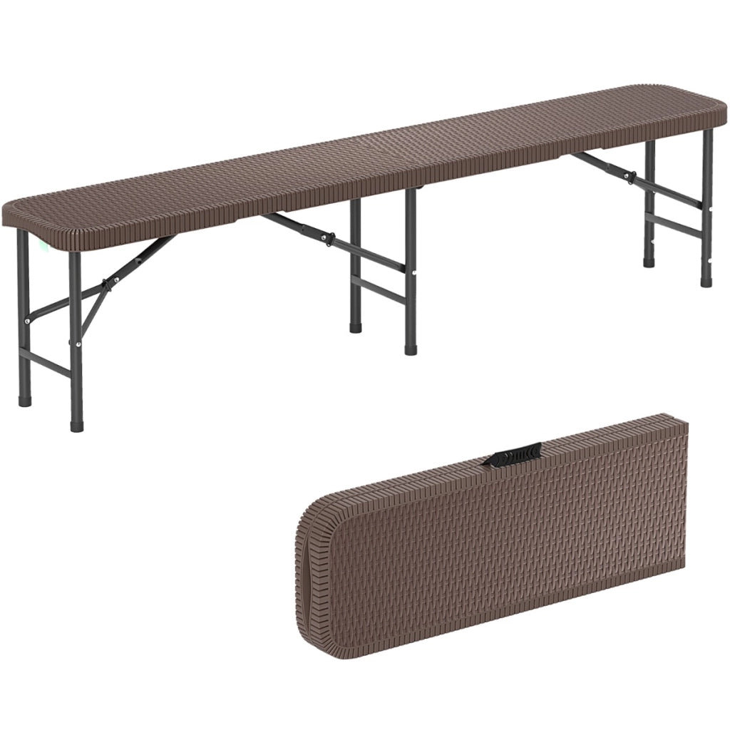 Panca pieghevole in plastica da 180 cm con finitura legno, Sedile portatile pieghevole a met¨¤ con capacit¨¤ di 600 kg Marrone