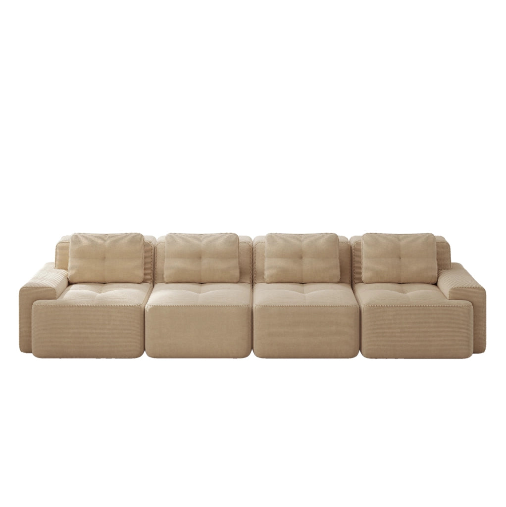 Divano modulare basso in velluto a coste beige; seduta profonda 382x104x69 cm