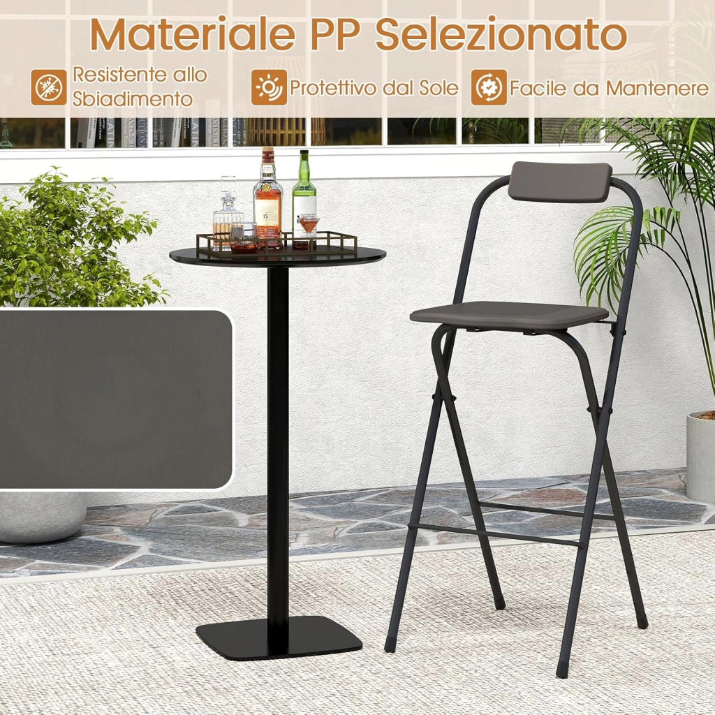 Set di 2 Sgabelli da Bar Pieghevoli, Sedia Alta con Schienale e Poggiapiedi, Struttura in Metallo, per Interno ed Esterno, Portata 150 kg (Grigio)