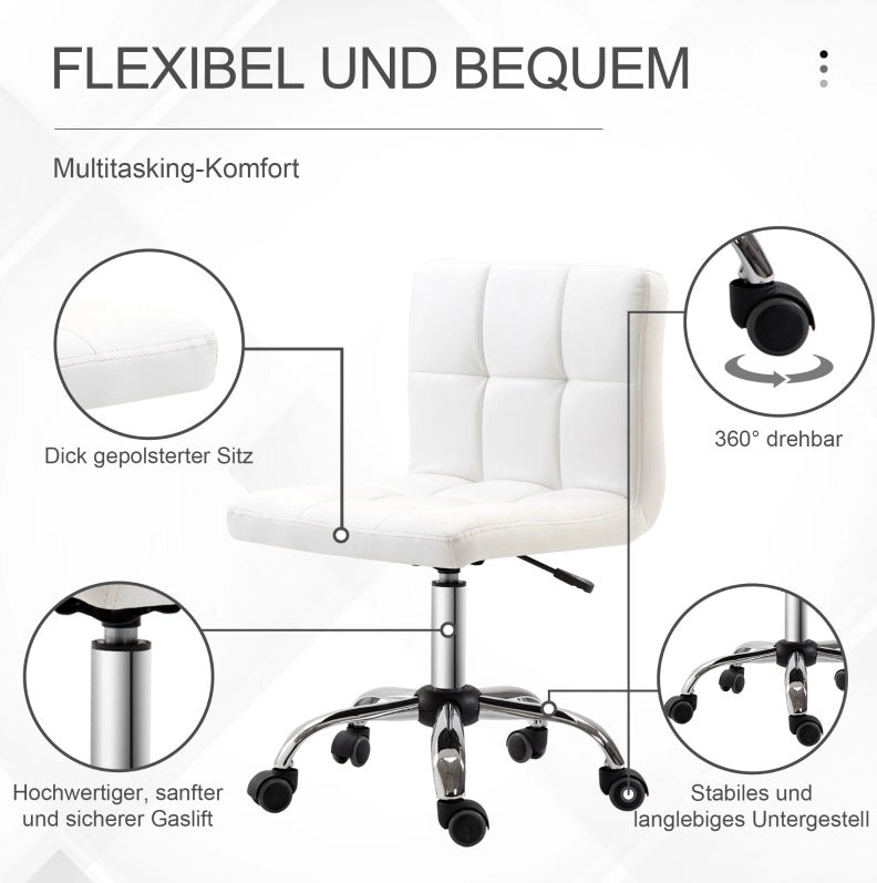 Sedia da ufficio ergonomica bianca in ecopelle, girevole e regolabile in altezza senza braccioli