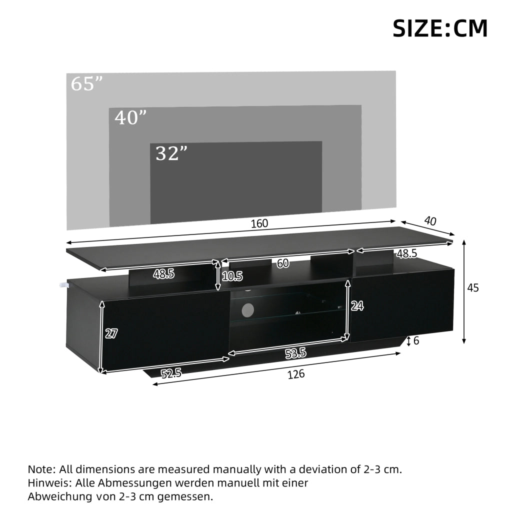 Mobile porta TV con LED e 2 ante, 8 vani contenitore e ripiani in vetro, per soggiorno, in MDF, nero, 160 × 40 × 45 cm