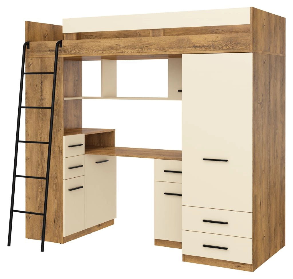 BIM Furniture letto soppalco con scrivania SMYK L cm110x204x188h Rovere scuro Crema