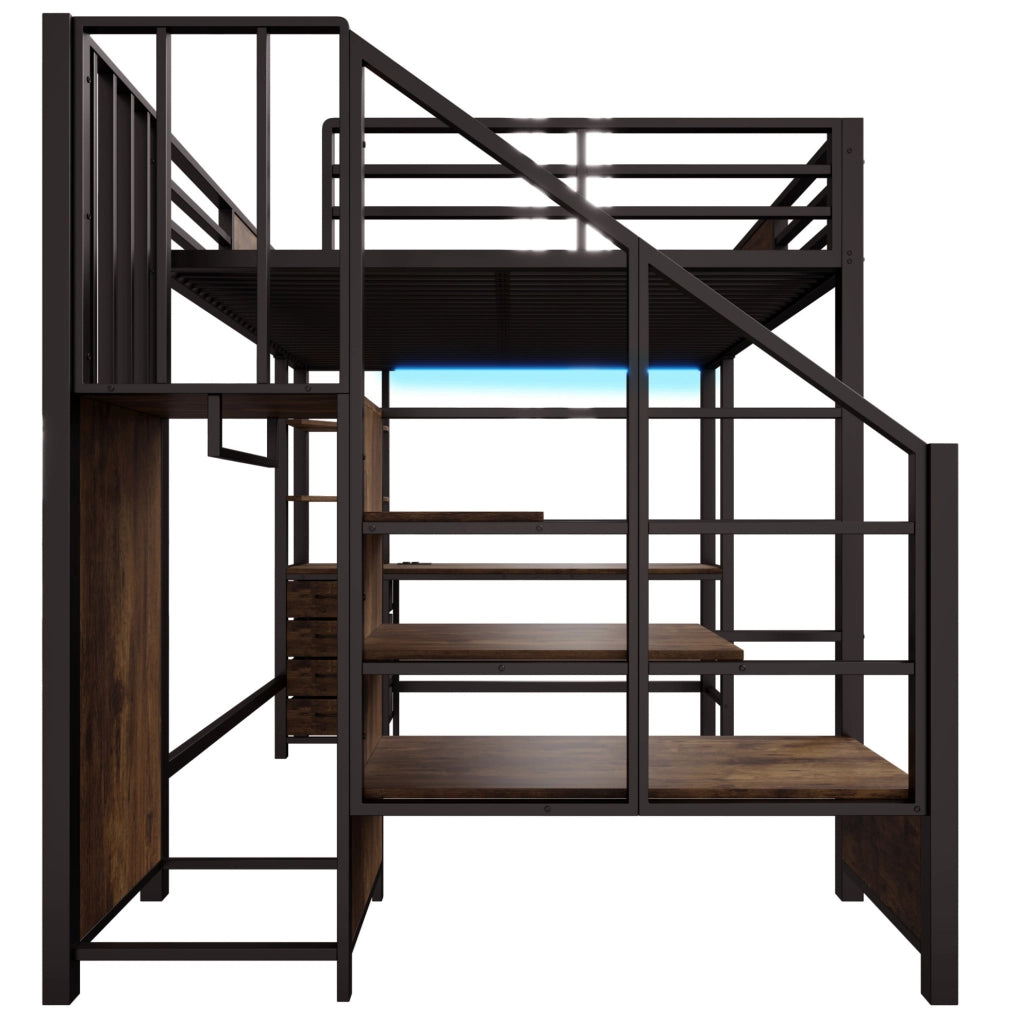 Letto a soppalco 140x200 con scrivania, ripiani, barra appendiabiti, LED e presa