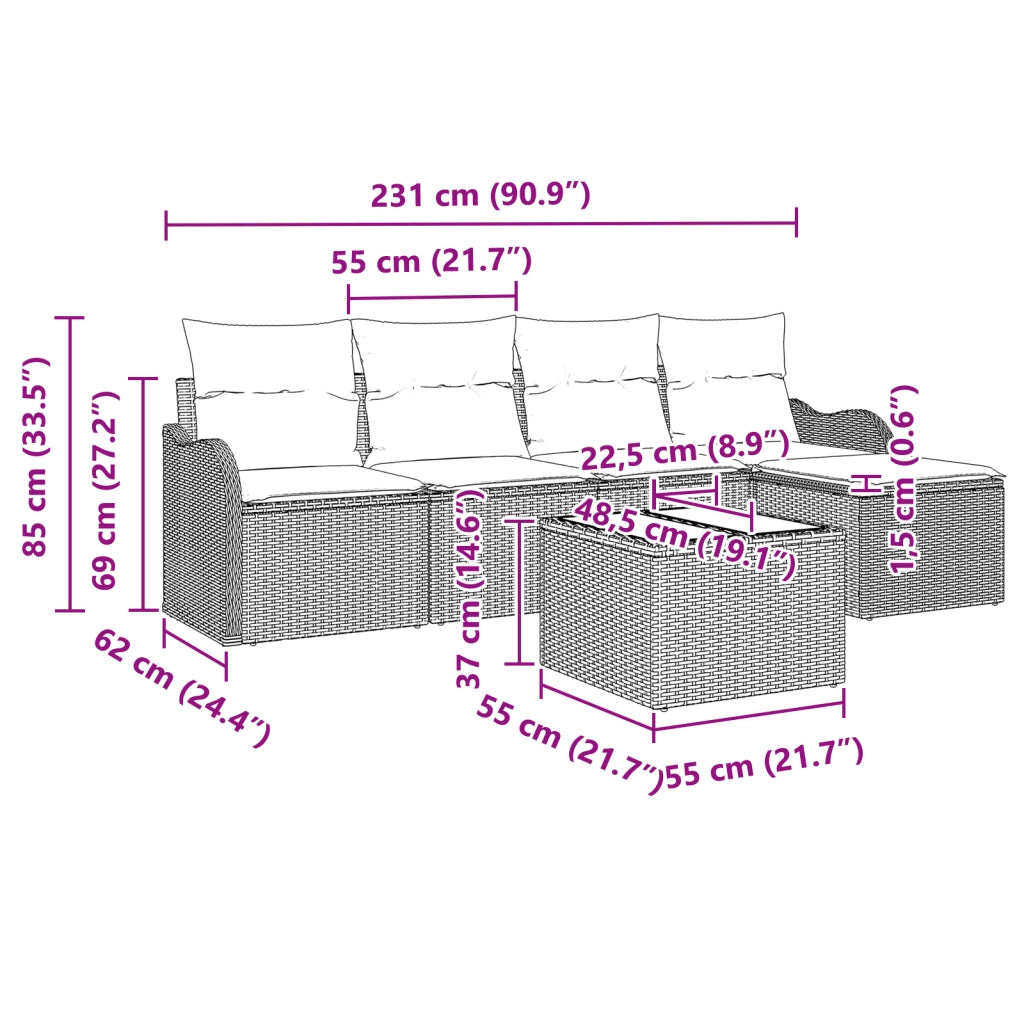 Set Divano da Giardino con Cuscini in Nero Polyrattan