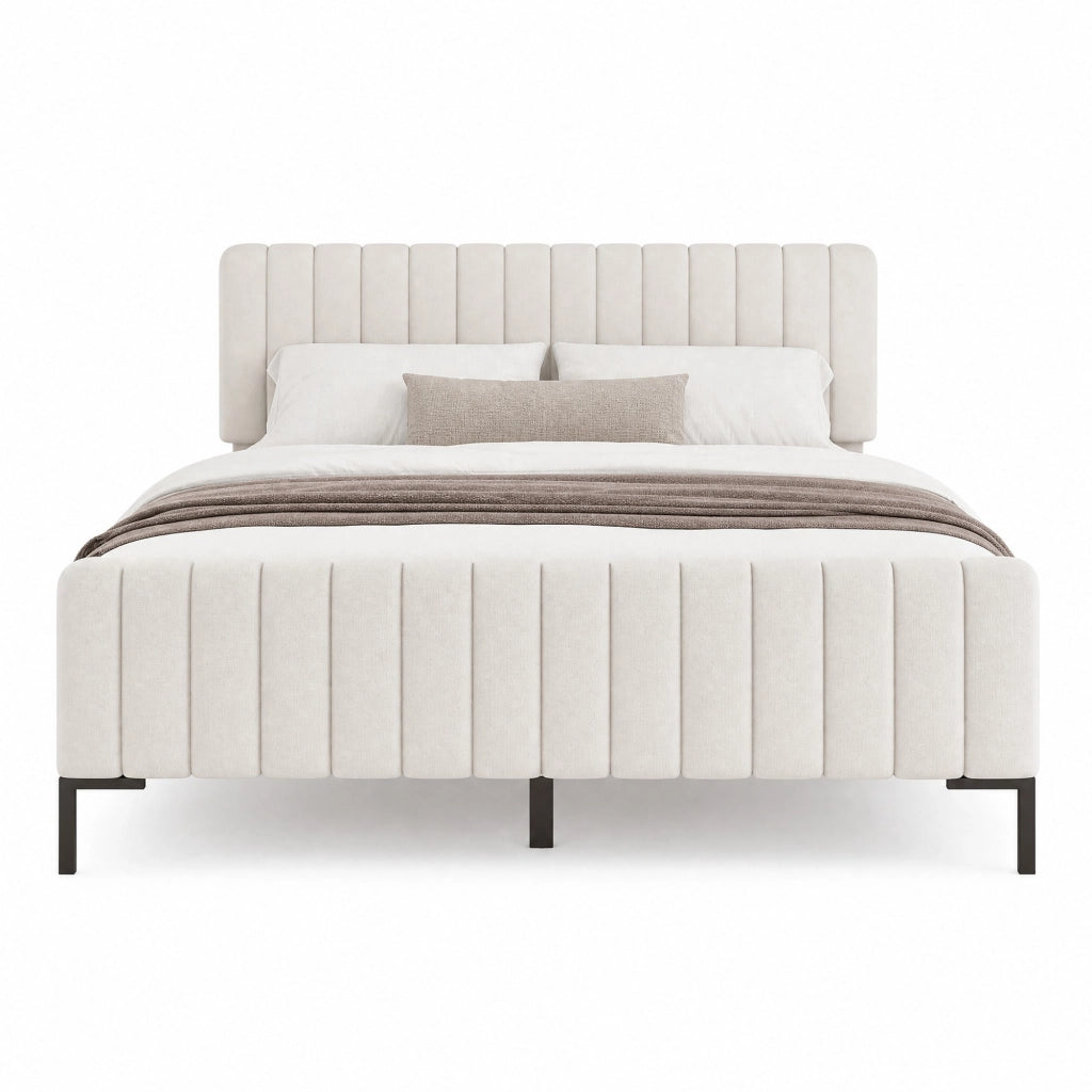 Letto imbottito matrimoniale 180x200 cm, testiera regolabile, struttura in legno e metallo, grigio-beige