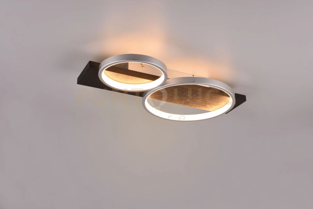 MEDERA PLAFONIERA 2 CERCHI METALLO ALLUMINIO BASE LEGNO NERO CON DIMMERAZIONE AD INTERRUTTORE L. 54CM LED 26W 3000lm, 3000K