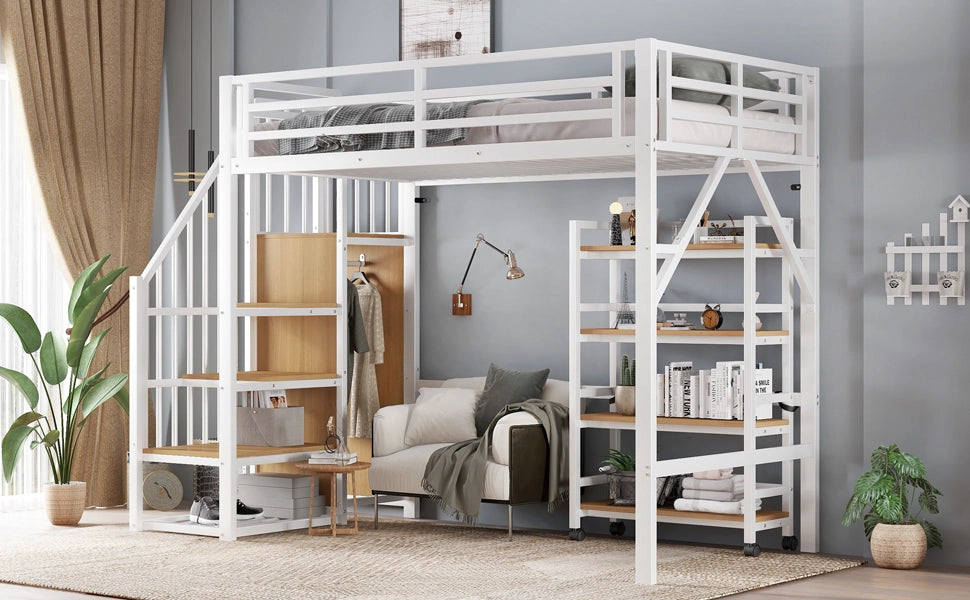 DESMIU Letto a soppalco singolo con armadio ad angolo, scaffale con ruote e barriera 90 × 200 cm, senza materasso