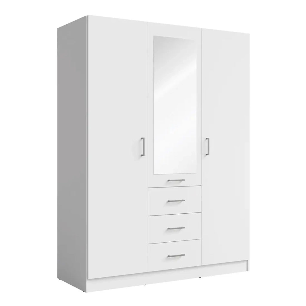 Armadio KALISTA 151 cm bianco opaco con specchio e 3 cassetti – 3 ante a battente