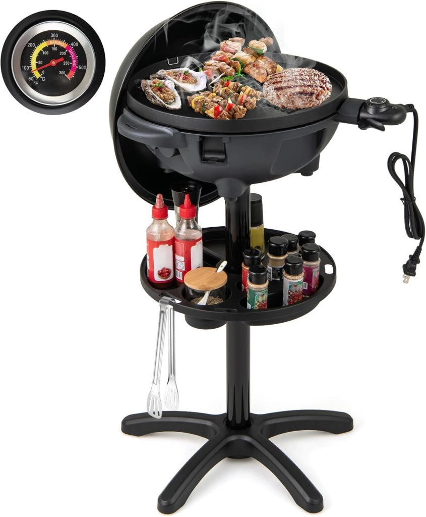 2 in 1 Barbecue Elettrico 1200W in Aluminio con Coperchio a Termometro, Barbecue da Tavolo con Mensola e Piedistalli, Griglia con Piastra Antiaderente per Interni ed Esterni, 63 x 63 x 100 cm