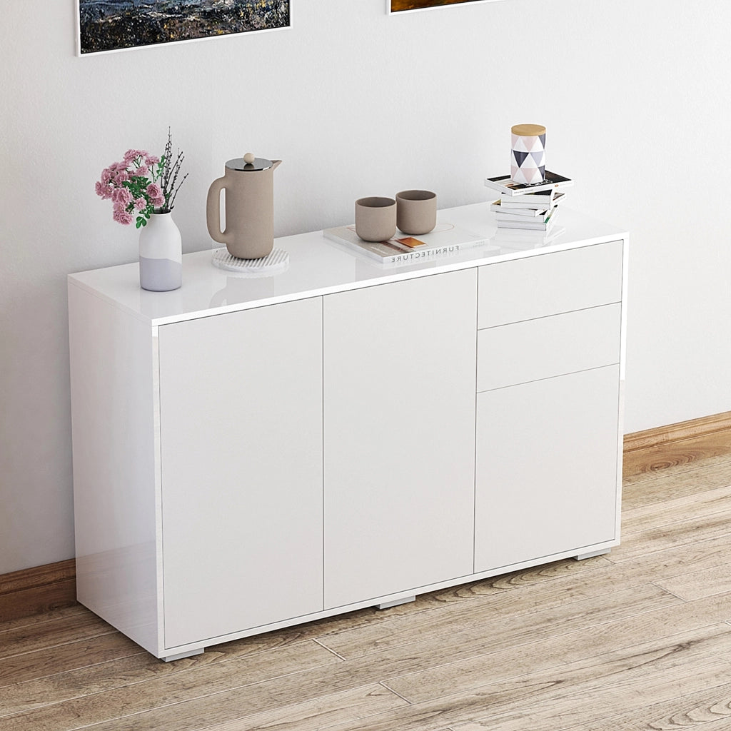 Mobiletto Multiuso in Legno Bianco con 2 Cassetti e 2 Armadietti con Apertura a Pressione, 117x36x74 cm