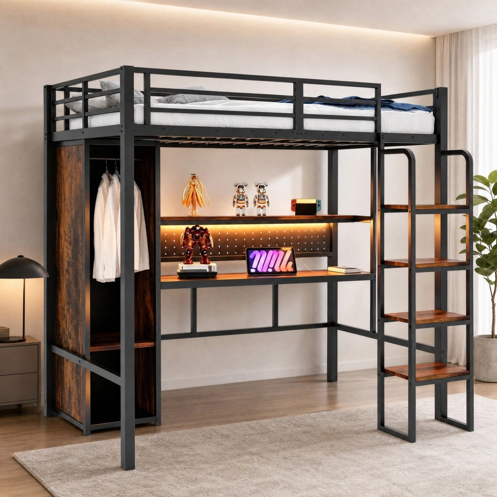 Letto a soppalco multifunzione 90x200 cm in metallo e MDF; nero; con scrivania; armadio e LED