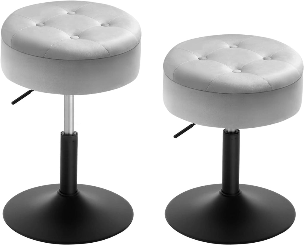 Sgabelli da Trucco Girevoli, Sgabelli Regolabili in Altezza, Sedie da Bar Rotonde con Contenitore, Sedile in Velluto, Base in Metallo, per Cucina, Soggiorno, Grigio Chiaro, BH329hgr-2