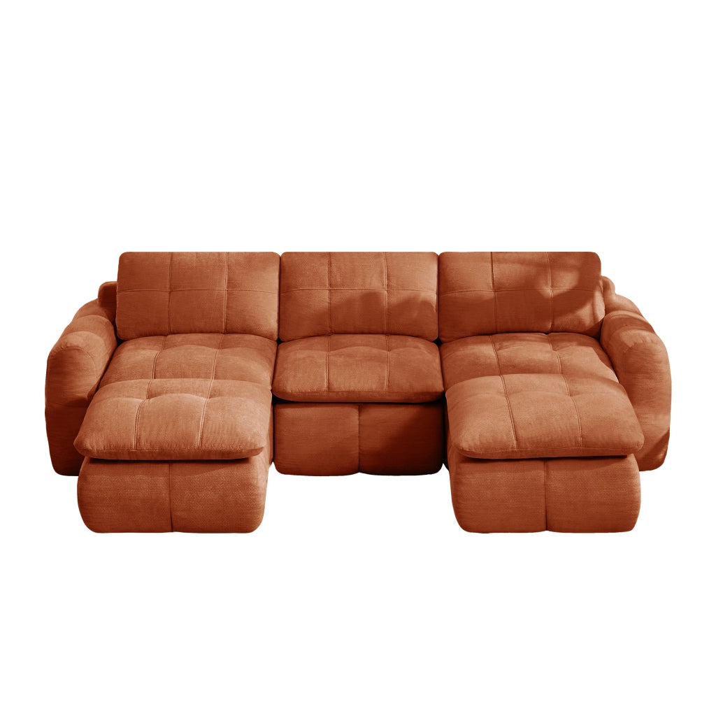 Divano modulare a U 3 posti - con seduta senza struttura e pouf - in chenille arancione