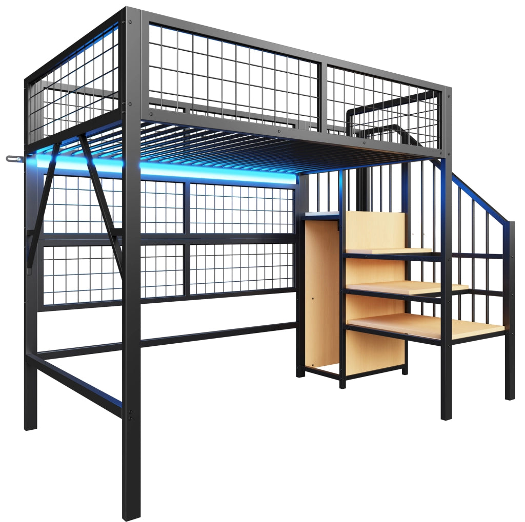 Letto a soppalco 90x200 cm nero in metallo; scala con armadio e LED