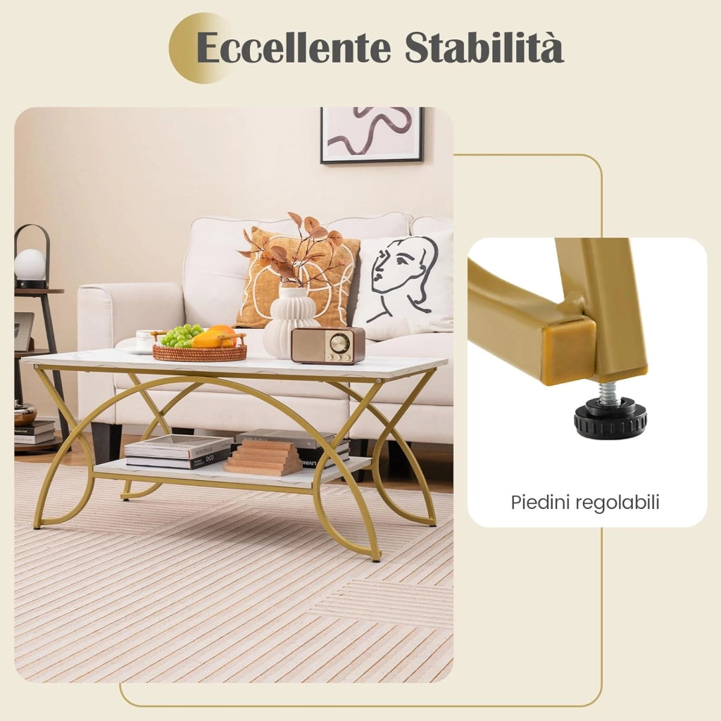 Tavolino da Caffè da Salotto, Tavolino Rettangolare a 2 Livelli con Struttura in Metallo, Tavolino Elegante e Moderno per Studio, Ufficio e Soggiorno, 100 x 50 x 45 cm (bianco e oro)