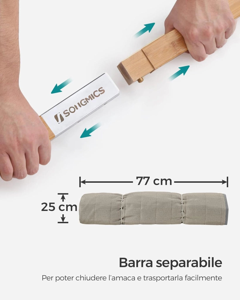 SONGMICS Amaca Doppia Imbottita, Amaca da Campeggio Giardino con Barre Curve in Bambù Separabili, con Cuscino, 200 x 140 cm, Max Portata 225 kg, Grigio e Beige GDC34CG