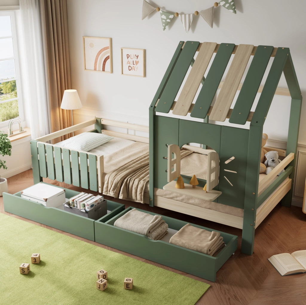 Letto a casetta per bambini verde naturale 90x200 cm