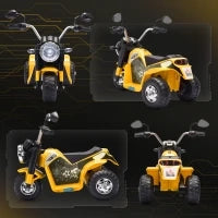 Moto Elettrica per Bambini a 3 Ruote con Luci e Suoni, Batteria Ricaricabile 6V, Velocità 2 km/h, per Bimbi da 18-36 Mesi, 72cmx57cmx56cm Gialla
