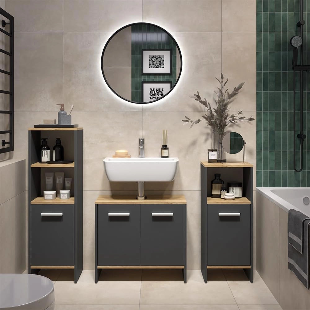 Set di mobili da bagno Karli, Antracite/quercia dorata, 3 pezzi