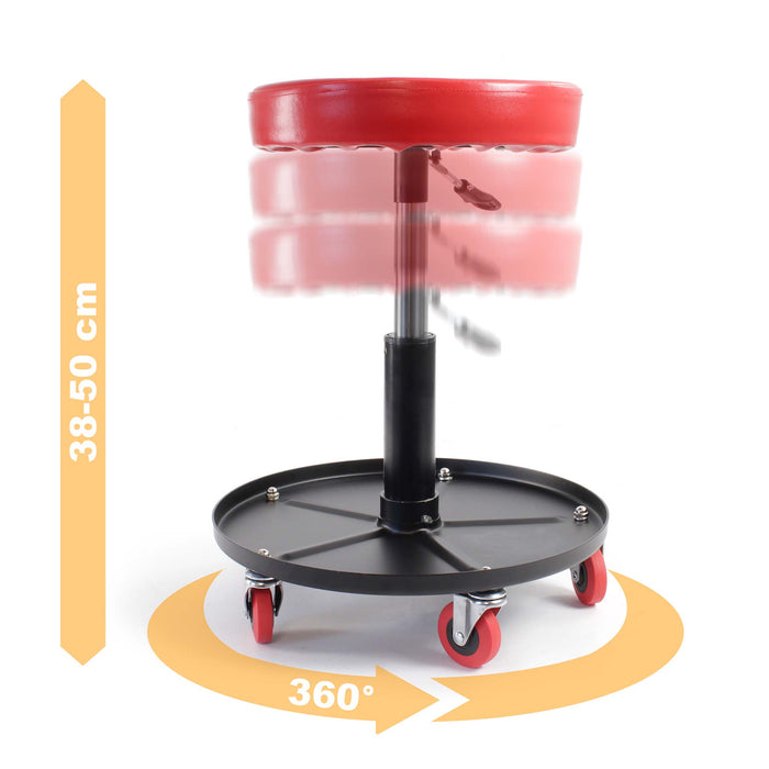 Sgabello per officina con rotelle e altezza regolabile, sedile girevole a 360°, sgabello mobile da meccanico