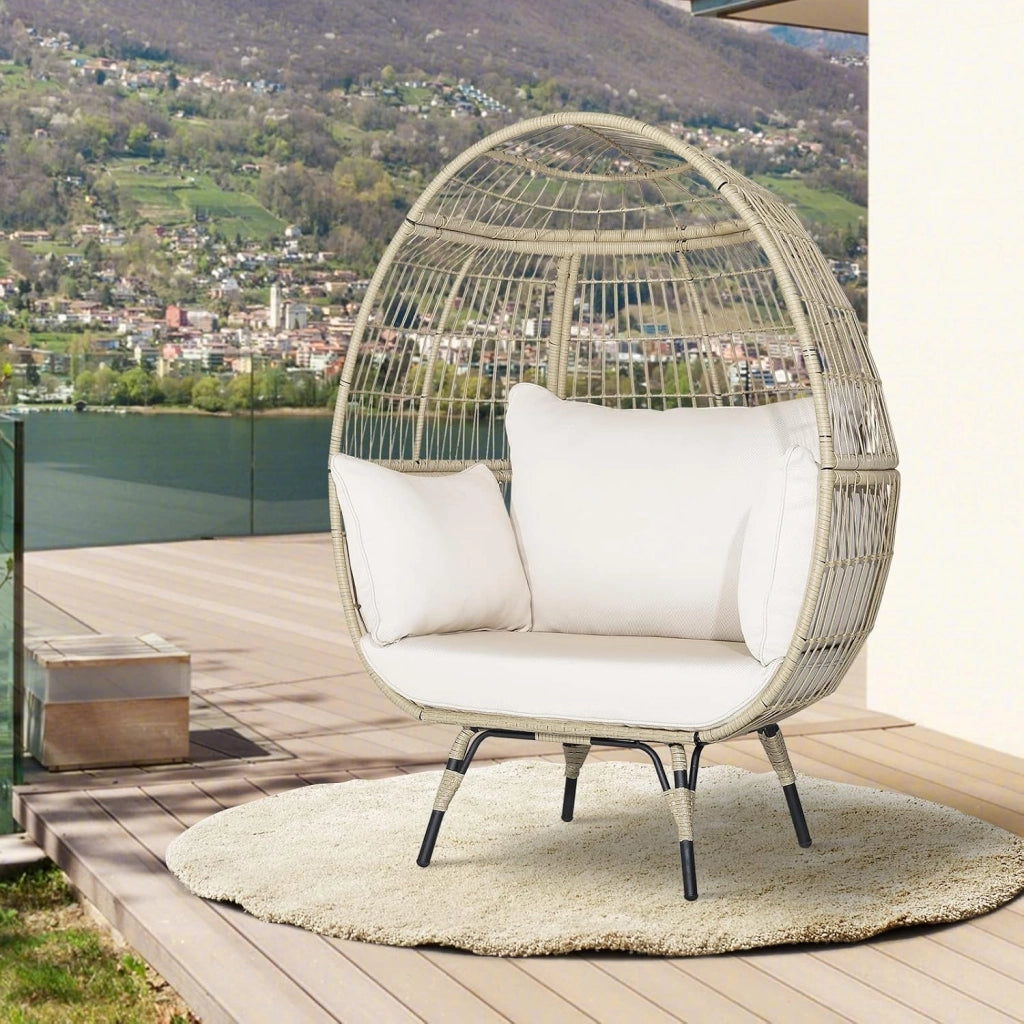 Poltrona da Esterno in Rattan Boho Chic, Portata fino a 180 kg Poltrona da Giardino con Cuscini, Sedia a Forma di Uovo con Struttura in Metallo, Divano per Soggiorno, Terrazza, Marrone