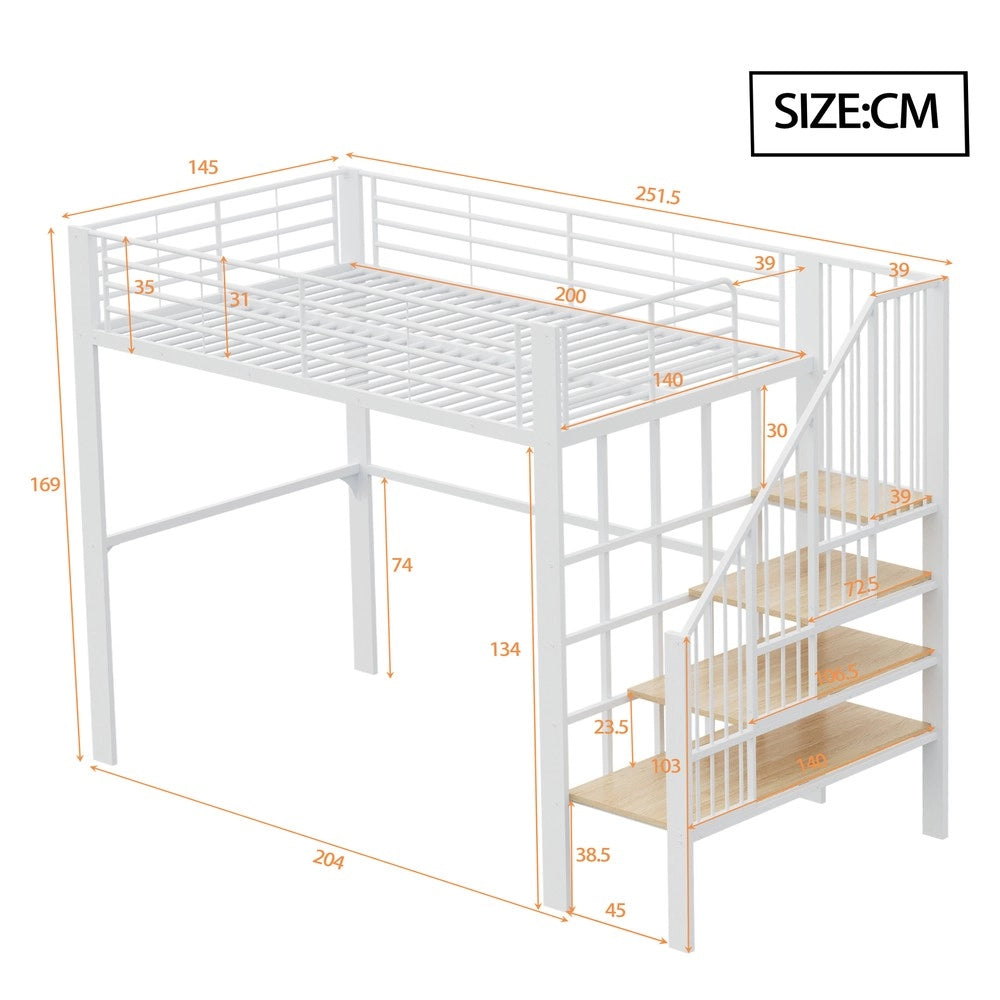 Letto a Soppalco con Contenitore e Scala ¨C MINIMAL ¨C 140x200 Metallo