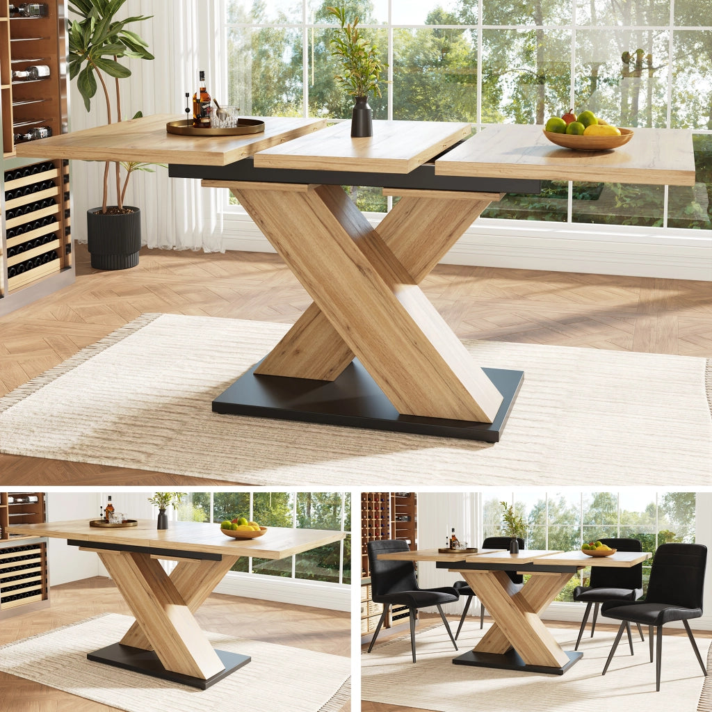 Tavolo allungabile in MDF con piano estensibile e gambe incrociate per cucina e soggiorno, colore legno naturale