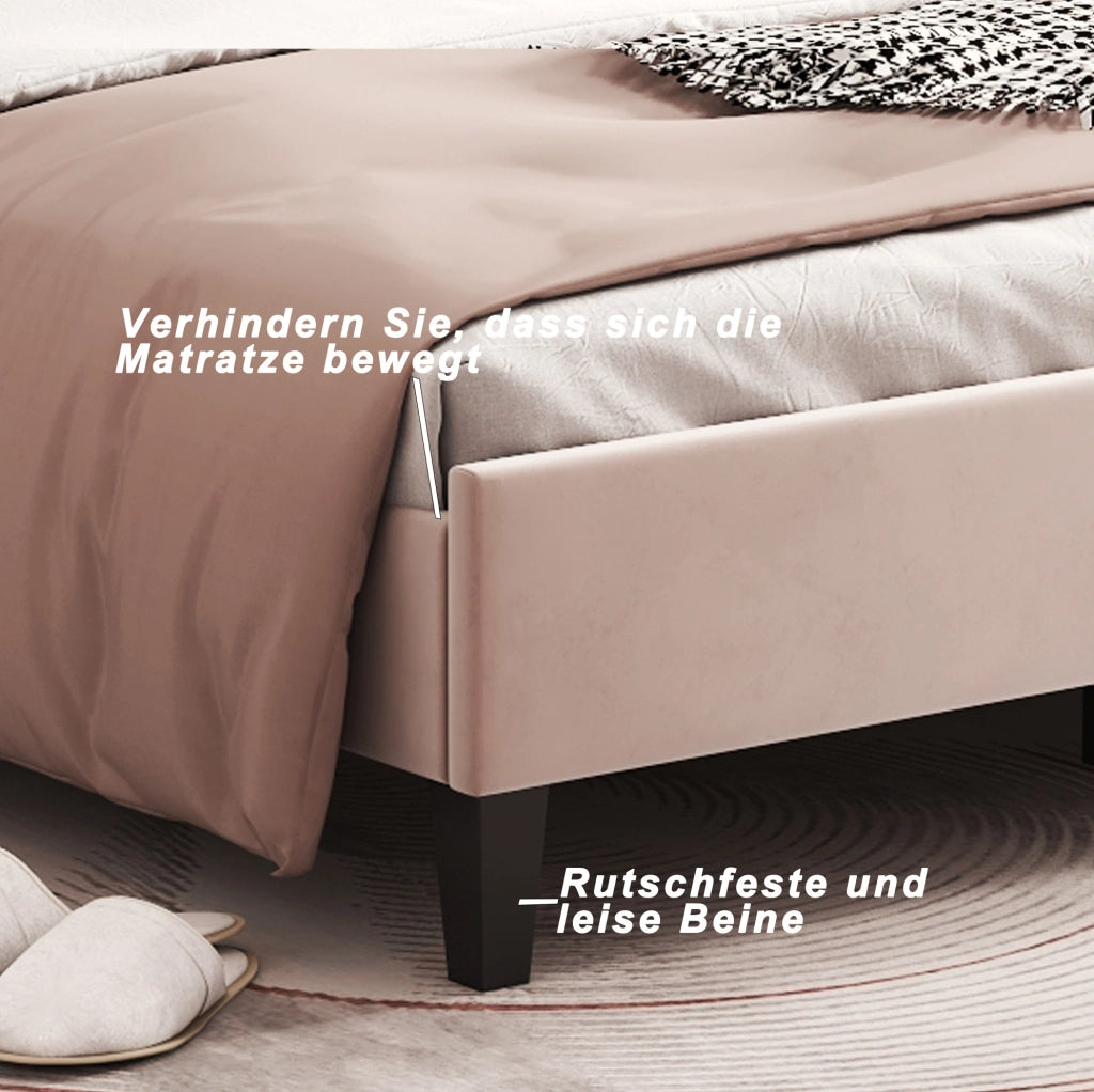 Letto matrimoniale 140x200 cm imbottito in velluto beige con testiera floreale e doghe