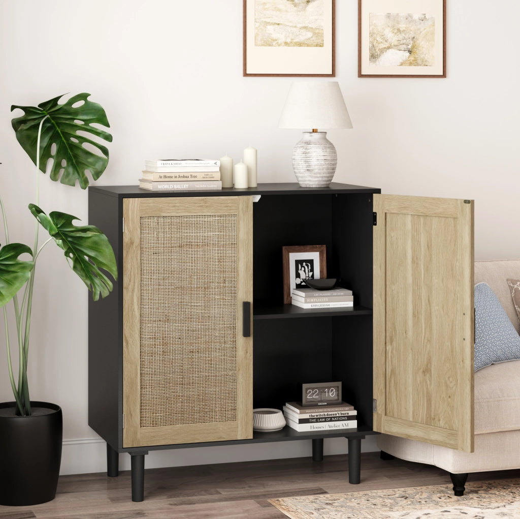 Mobile contenitore a due ante in rattan nero da 80 cm