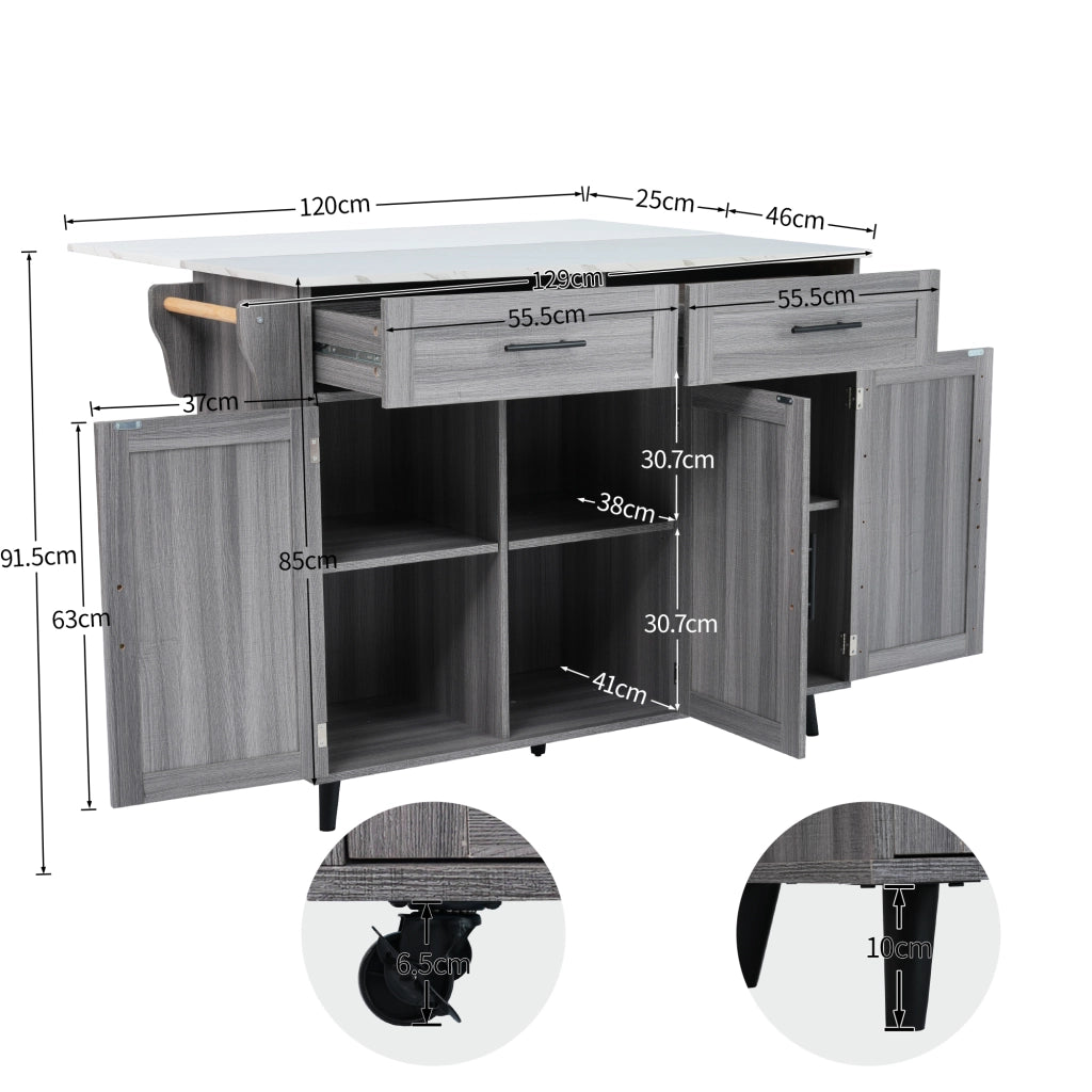 Carrello da Cucina con 2 Cassetti; 3 Vani; Ripiani Regolabili; Piano Ribaltabile; Cucina
