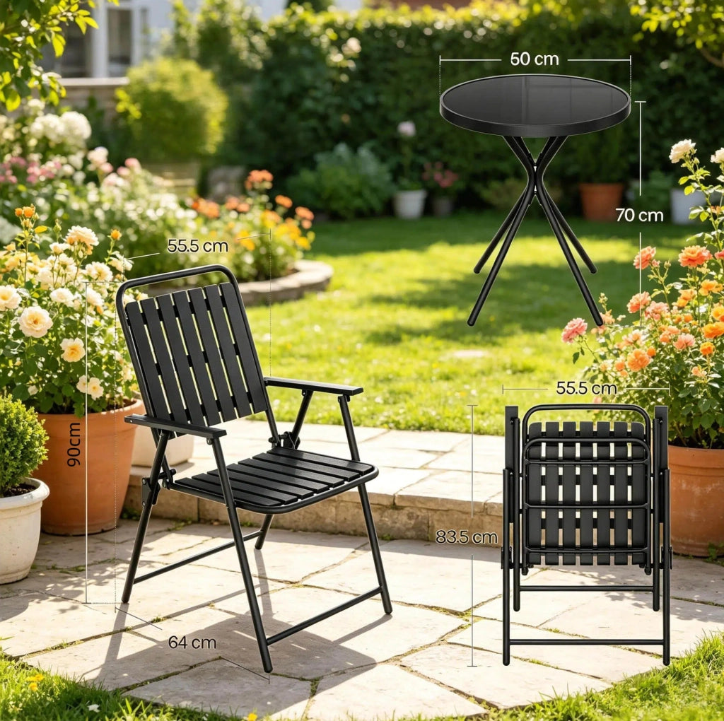 Set tavolo e sedie da giardino 3 pezzi pieghevole in metallo e vetro temperato; nero