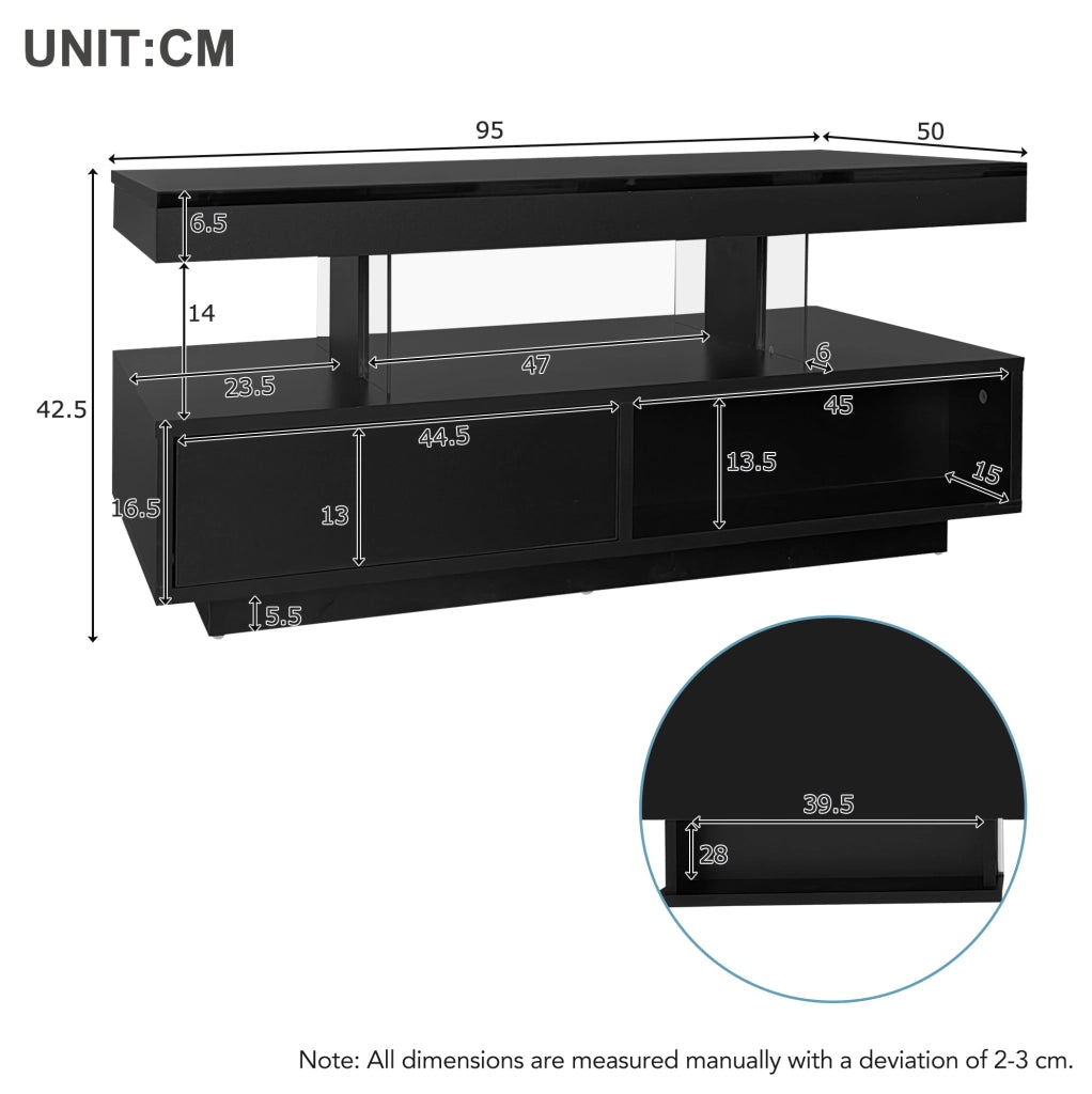Tavolino da caffè nero lucido 95x50x42;5 cm con 4 inserti in vetro; 2 cassetti e 2 vani aperti