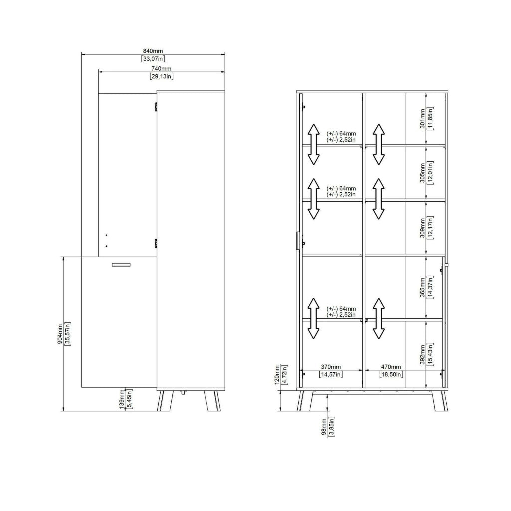 Vetrina Mirinae, Credenza espositiva, Vetrinetta multiuso, Madia da soggiorno, 89x40 h188 cm, Rovere e Bianco