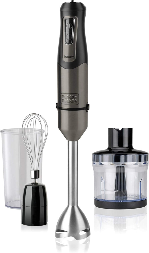 Black+decker bxhba1000e frullatore a immersione, con accessori, 1000 w, inox/plastica, nero/acciaio