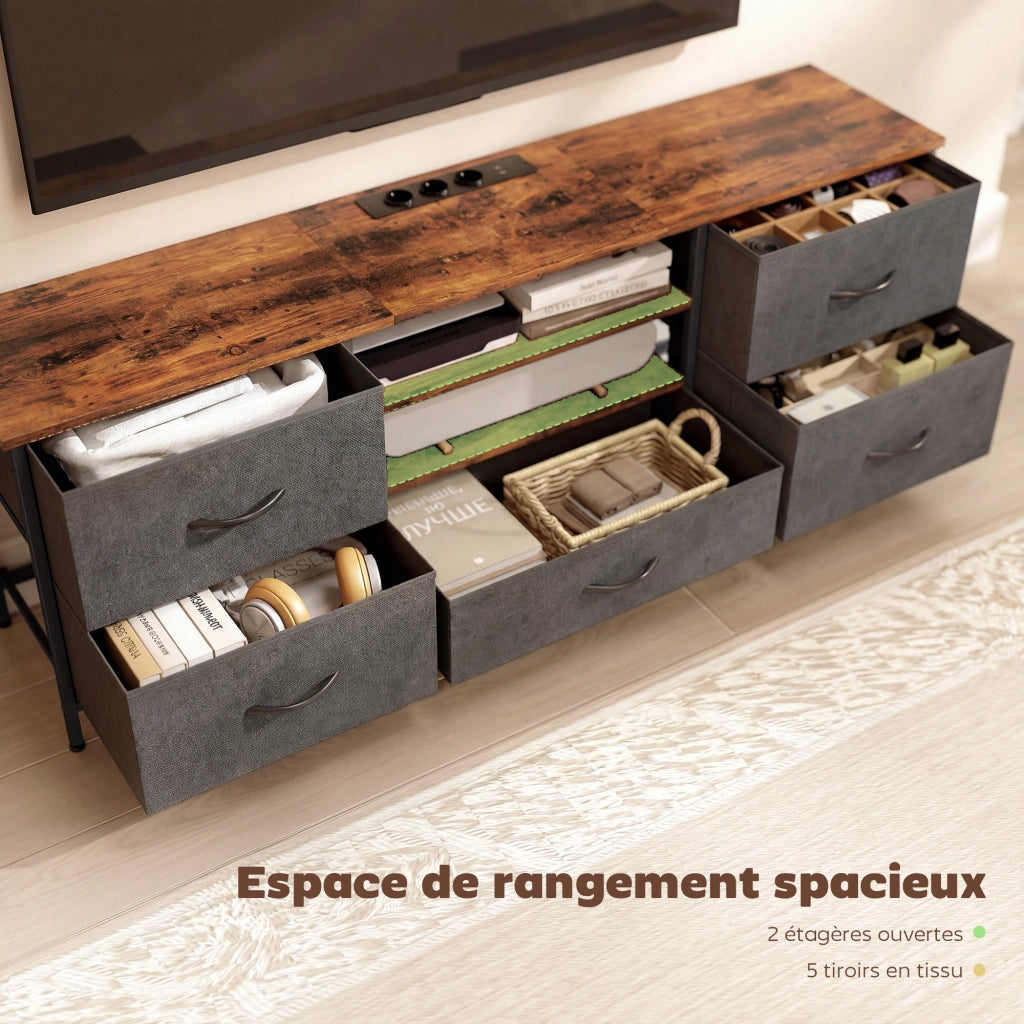 Mobile TV con 5 cassetti e stazione di ricarica ¨C zephmum ¨C marrone 140x30x50cm