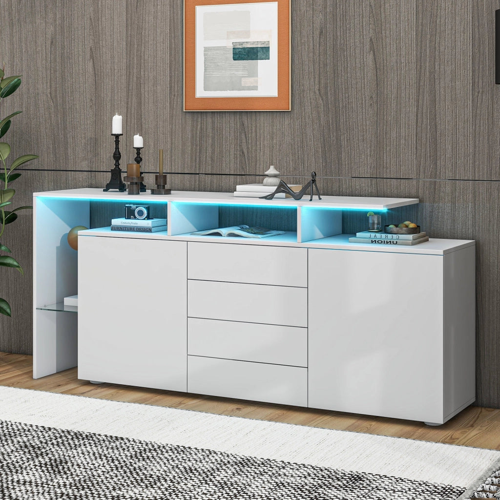 Credenza LED 2 ante 4 cassetti 1 nicchia per soggiorno, bianco, 160 × 35 × 70 cm