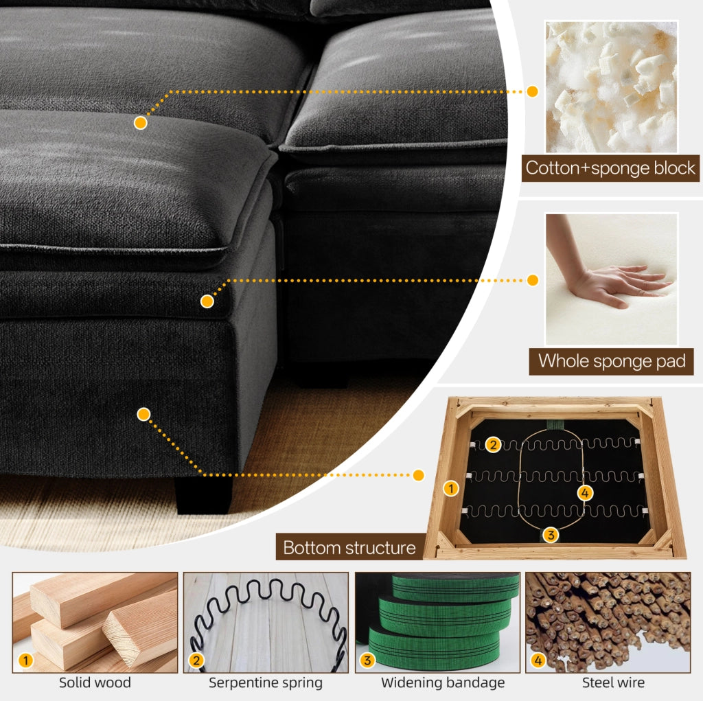 Divano modulare angolare 4 posti in chenille nero con pouf, ricarica wireless, altoparlanti Bluetooth e luci dimmerabili