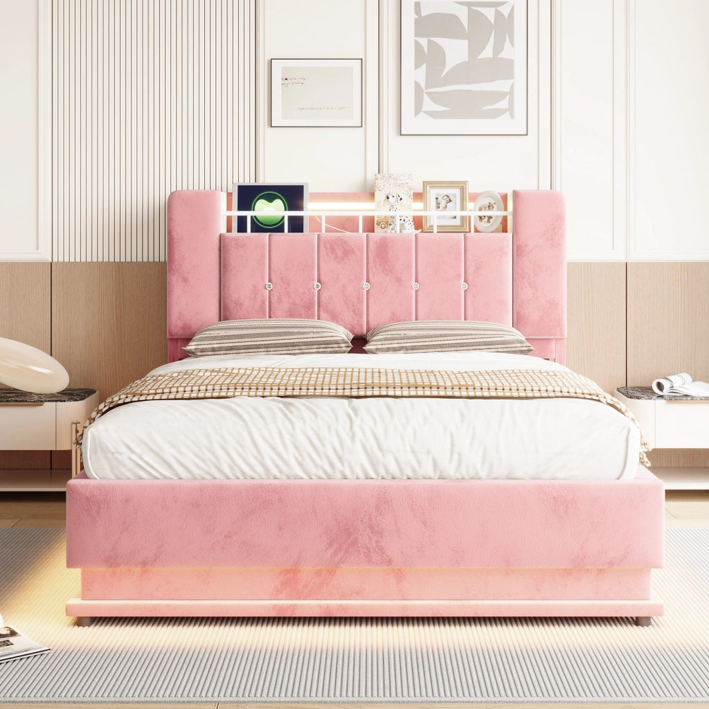 Letto matrimoniale imbottito 140x200 cm con LED; USB e contenitore idraulico; rosa