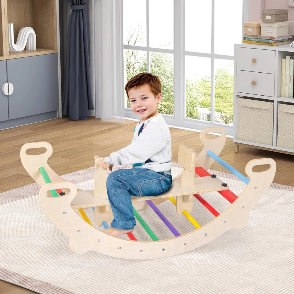 4 in 1 Arrampicata per Bambini, Arco Cavallo a Dondolo Multifunzionale in Legno, Dondolo a 35°, Ideale per Bambini 1-5 Anni, 112 x 52 x 44 cm