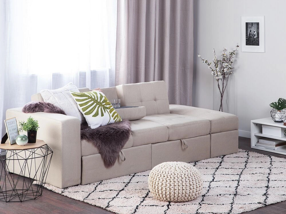 Divano letto componibile Pouf contenitore beige Cassetti estraibili Click Clack Vassoio ribaltabile Portabicchieri