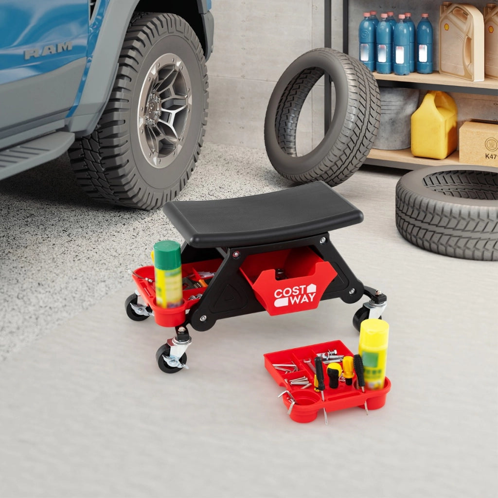 Sgabello da meccanico con ruote pesante per garage con cassetto, Sgabello sedile automobilistico per riparazioni auto